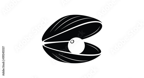 A striking black silhouette depicts an open seashell containing a luminous pearl showcasing elegant marine life silhouette