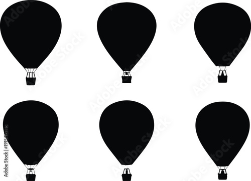 Set of Minimalist black hot air balloon in flight silhouette vector icon