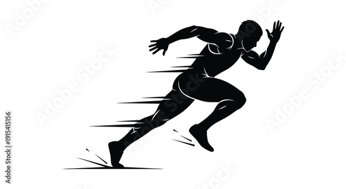 A dynamic black silhouette depicts a person in mid stride powerfully running forward with speed and energy silhouette