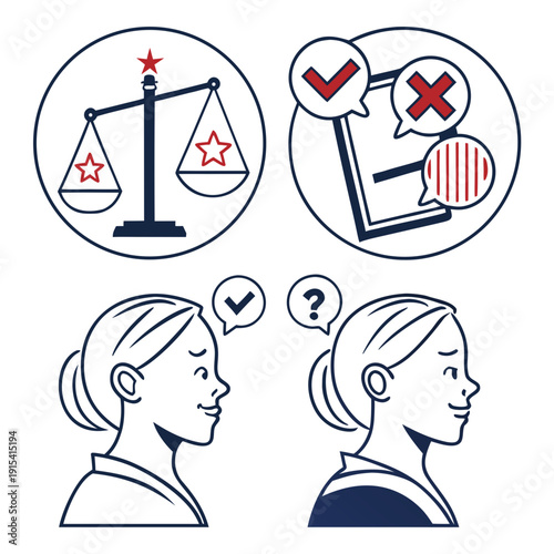 A woman pondering the differences between justice and injustice in society. Vector