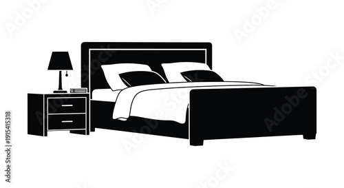 A minimalist bedroom scene depicts a bed nightstand and lamp in a striking black silhouette high quality professional