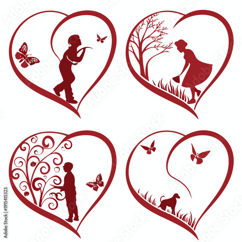 Four intricate heart designs featuring couples in various romantic poses and patterns. Vector