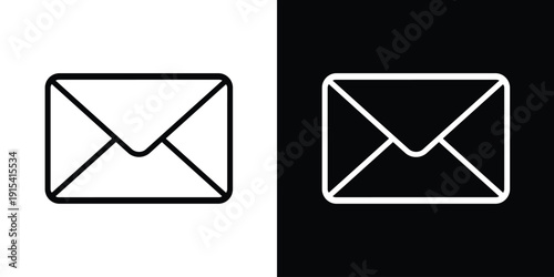 Classic mail envelope vector icon. Black and white email symbols for contact and messaging. Professional flat design stationery graphics for web, business correspondence, and notifications.