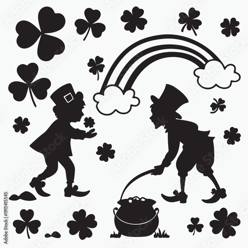 A black vector illustration set of dog and cat silhouettes including a cartoon bear and bird collection designed as animal zodiac sign symbols for a Halloween witch icon