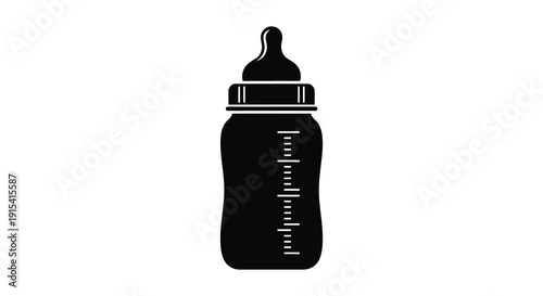 A stark black silhouette of a baby bottle depicts infancy and nourishment creating a simple iconic image silhouette