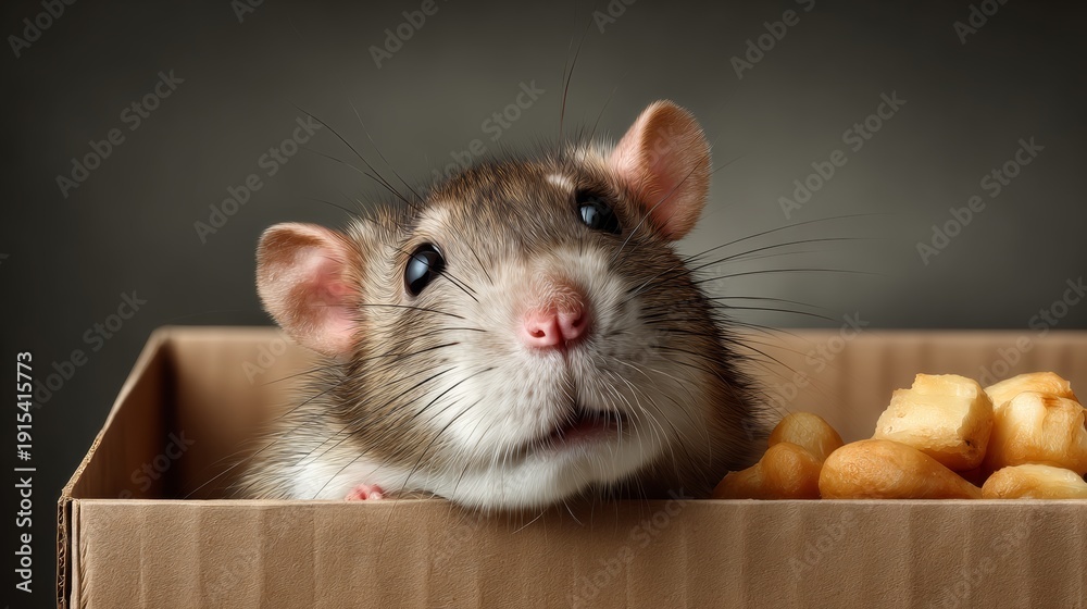 Obraz premium A rat is looking at a box of food. The rat is in a cardboard box and the food is in a plastic container