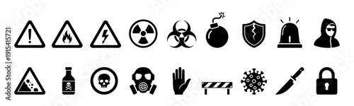 Danger and Warning Hazard Symbol Black Silhouette Icon Set.