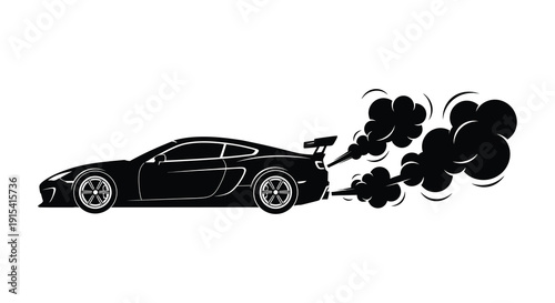 A sleek sports car performs a dynamic drift leaving a trail of smoke against a white background silhouette