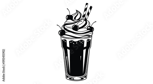 A detailed illustration of a classic chocolate milkshake with whipped cream cherries and straws a silhouette high quality