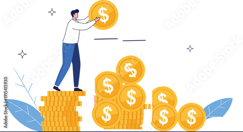 Financial Growth and Investment Vector Illustration with Man Stacking Gold Coins, Wealth Building, Profit Increase and Business Success Concept