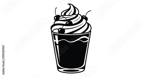 A black and white illustration depicts a dessert drink with soft serve cherries and a glass silhouette