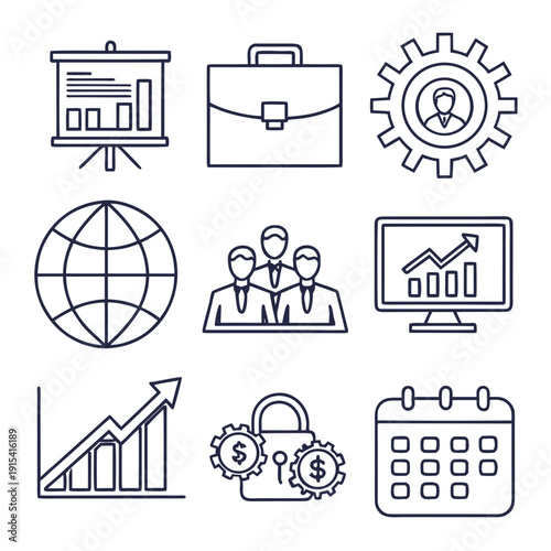 A collection of icons representing various aspects of business and management. Vector
