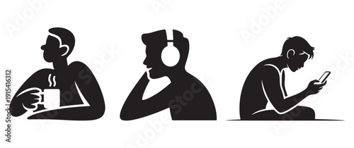 People relaxing with coffee, headphones and phone, silhouettes for leisure and modern life