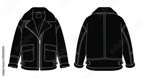 A technical fashion illustration showcasing a black aviator jacket from both front and back views silhouette high quality