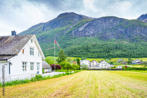 View of Olden village and mountains in Nordfjorden during summer, Norway, Scandinavia, Europe