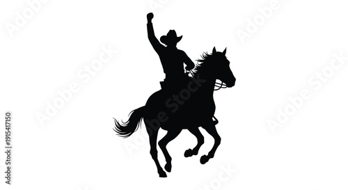 A dynamic depiction of a cowboy riding a rearing horse arms raised in triumph presented as a silhouette