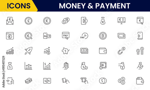Money and payment are simple, minimal, thin line icons. Related money, credit card, atm, purchase, bill. Vector illustration.