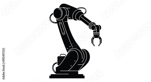 A striking black and white depiction of a robotic arm with articulated joints presented as a silhouette