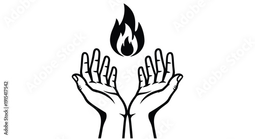 Two hands are cupped upwards with a black flame symbol floating above them on a white background.