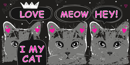 Cute illustration featuring cats hearts and playful text bubbles