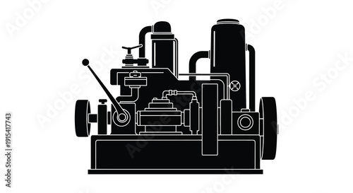 A detailed black and white illustration of vintage industrial machinery showcasing a steam engine s complex design silhouette high quality professional