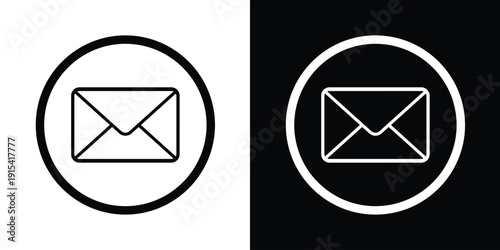 Circular mail envelope vector icon set. Outlined black and white email symbols for contact and notifications. Professional minimalist stationery graphics for business communication and web apps.