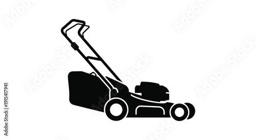 A stark black silhouette of a push lawn mower is displayed against a plain white background silhouette