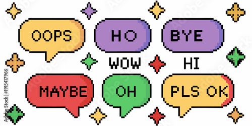 Colorful pixel art speech bubbles displaying various interjections and greetings