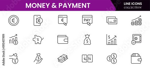 Money and payment are simple, minimal, thin line icons. Related money, credit card, atm, purchase, bill. Vector illustration.
