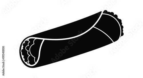 A striking black and white illustration depicts a rolled burrito with visible layers presented as a silhouette