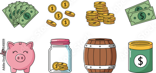 Money and Savings Vector Set with Cash Coins Piggy Bank Jars and Containers for Finance and Budget Illustration