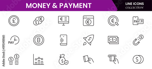 Money and payment are simple, minimal, thin line icons. Related money, credit card, atm, purchase, bill. Vector illustration.