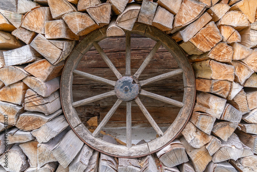 View of wooden wheel at the museum on a sunny day, Kaprun, Salzburg, Austria, Europe