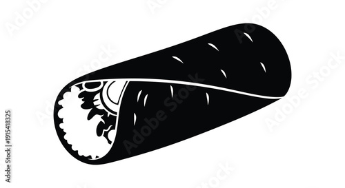 A black and white illustration depicts a burrito with visible fillings presented as a bold silhouette high quality