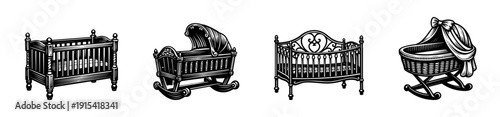 Baby cribs flat vector icons set. nursery furniture silhouettes. infant basses illustrations