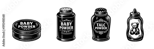Baby powder flat vector icons set: talcum containers and bottles collection
