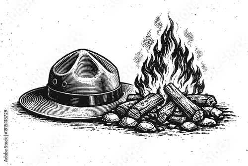 Classic campaign hat and roaring campfire. Vintage woodcut illustration. Black and white engraving captures outdoor adventure, traditional camping, scout spirit, park ranger life, wilderness explorati