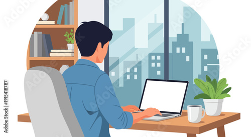 Man Working on Laptop at Home Office Desk with City View Vector