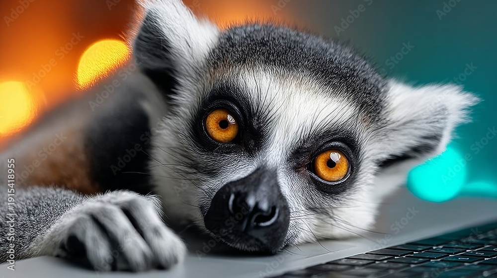 Naklejka premium A lemur is laying on a laptop keyboard. The animal has a curious look on its face and its eyes are open. The scene is playful and lighthearted