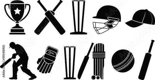 Cricket Equipment Silhouettes on White Background
