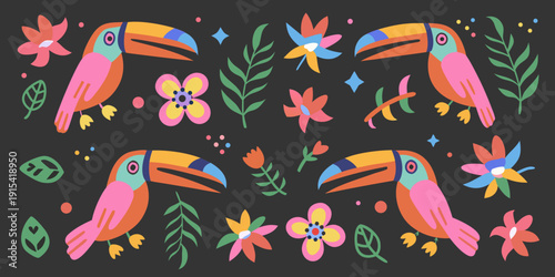 Colorful toucans and tropical flowers in a playful patterned design