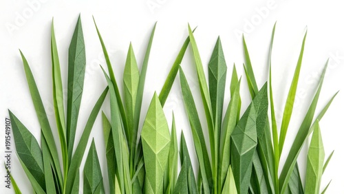 A stylized, abstract, digital illustration of a seamless border of vibrant green grass blades with a soft, white background, evoking nature and growth