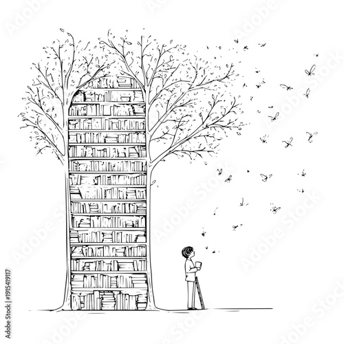 Man Looking at Tower of Books beside Leafless Trees with Birds Flying Away