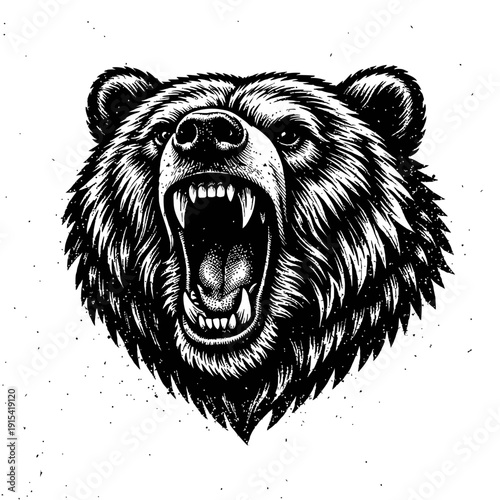 Powerful B&W detailed roaring bear head, fiercely aggressive with fangs, open mouth. Captures raw, untamed wilderness power, primal energy, striking vintage woodcut style. Exudes immense strength, imp