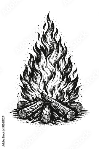 Exquisite black and white woodcut illustration of a vibrant campfire, detailed flickering flames over stacked logs, in an authentic engraving style. Ideal for outdoor, camping, adventure, and wilderne