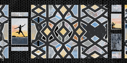 Geometric patterned wall with framed images of people and landscapes