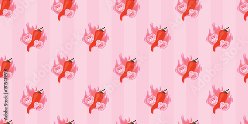 Chili pepper seamless pattern with hot red vegetable, fire and hearts on pink striped background. Vector cartoon hand-drawn texture for romantic textiles, stationery, wrapping paper. Cute flirty mood.