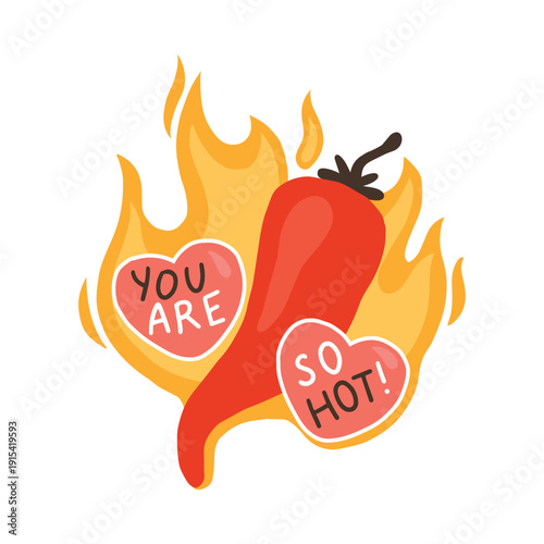 Chili pepper isolated on white background. Red hot vegetable with fire flames and love hearts. Vector cartoon hand-drawn illustration for stickers, valentine card, flirty design. Silly stylish mood.