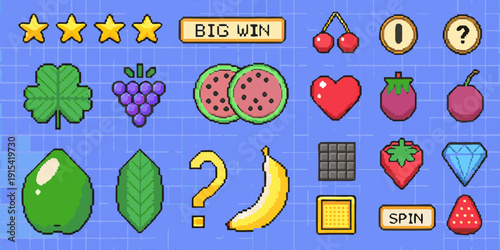 Colorful pixel art game interface showcasing fruit symbols and a big win notification