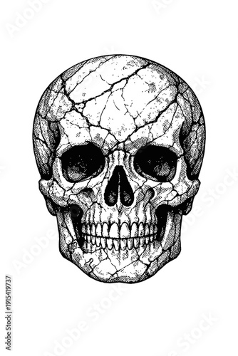 Detailed vintage engraved illustration of a severely cracked human skull, front view, rendered with classic stippling, deep black eye sockets, and intricate bone detail, ideal for gothic, anatomical,